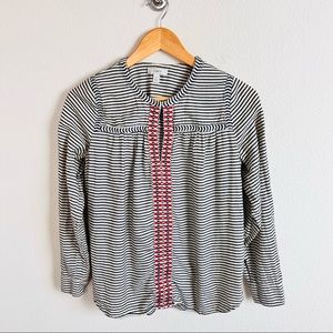 J. Crew Embroidered Embellished Cream Striped Long Sleeve Blouse